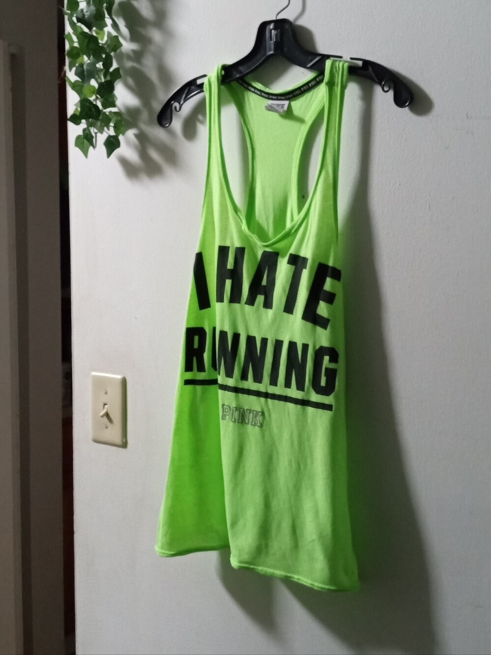 PINK Victoria's Secret Neon Green Racerback Tank with Bold Black Graphic
